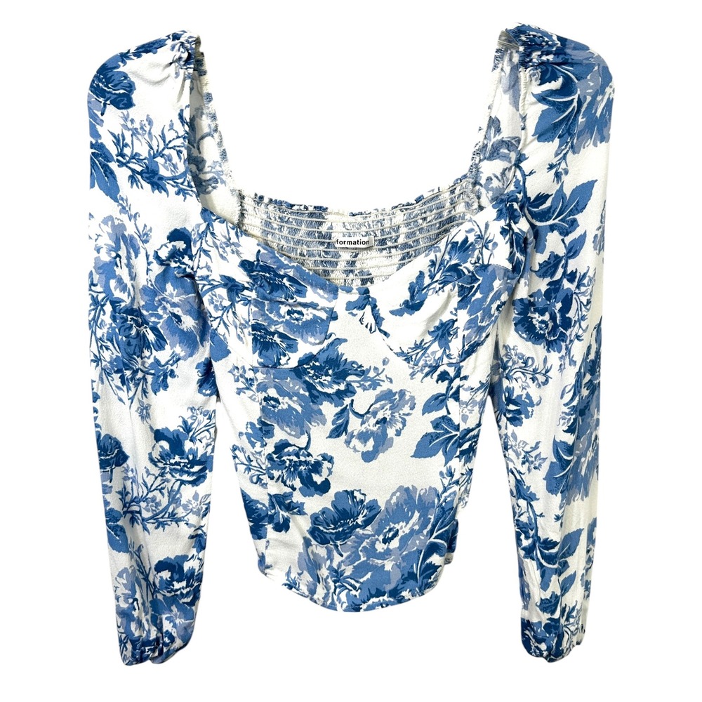 Reformation Size 2 Top Reign Sweetheart Olympia Floral Blue White Smocked‎ 1092